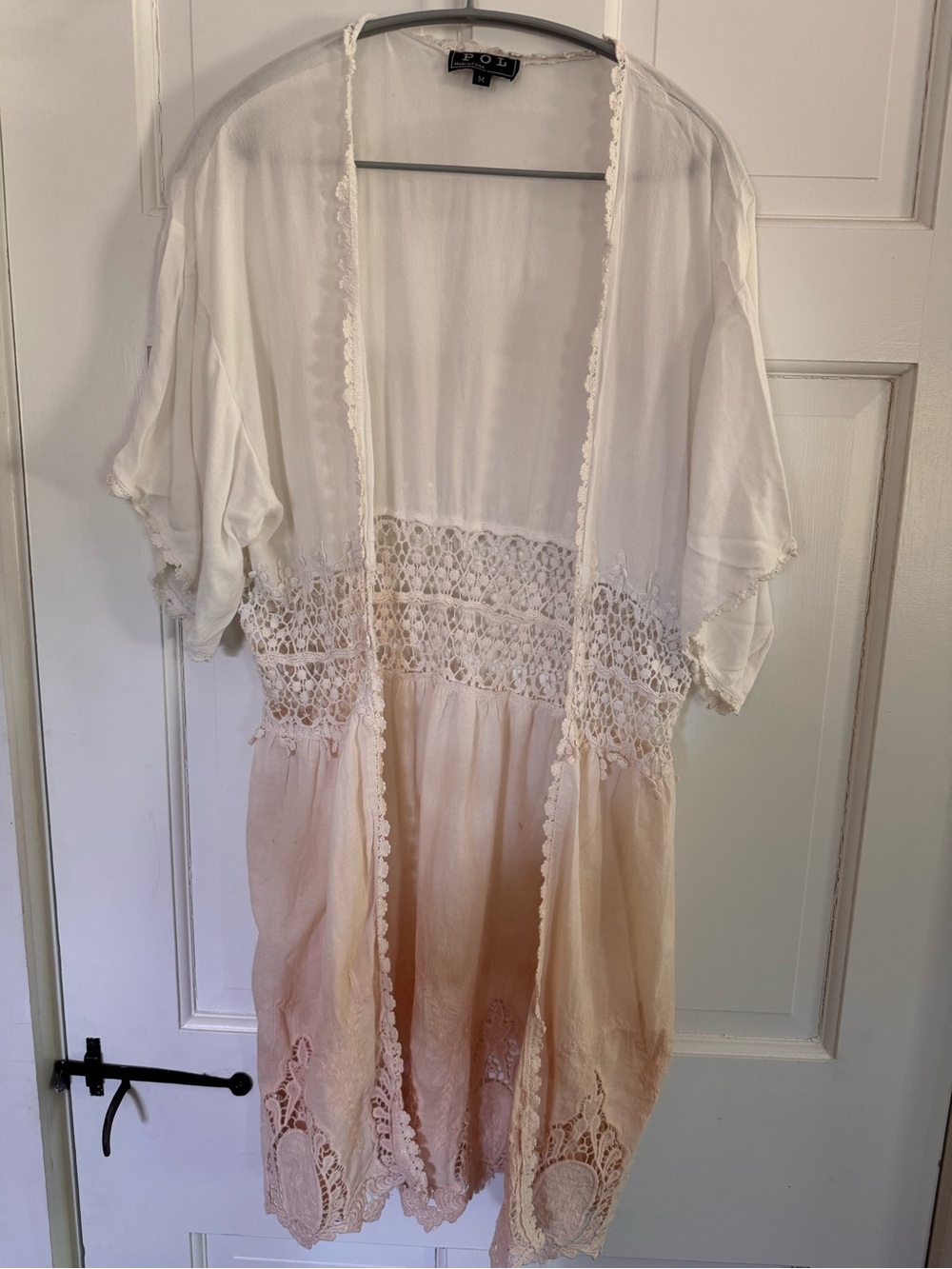POL Cream to Light Pink Ombre Crochet Trim Open Cardigan
